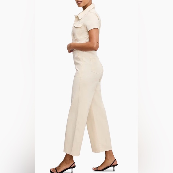 Good American Fit For Success Twill Palazzo Crop Jumpsuit in Ecru, Size: Large - Picture 2 of 14